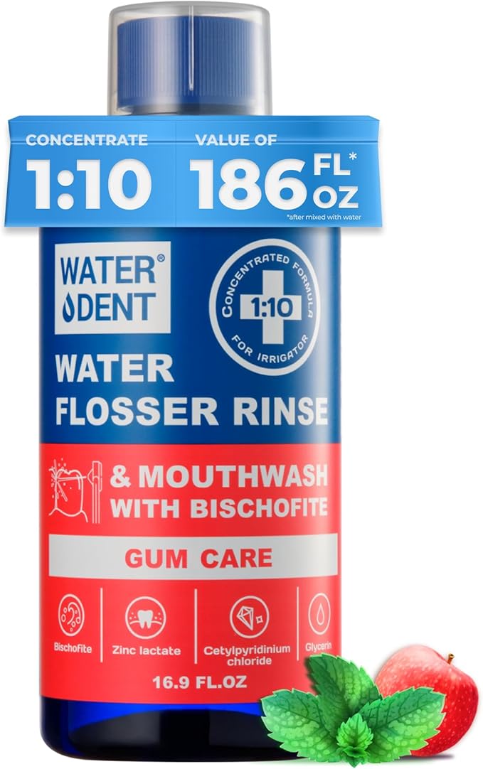 Concentrated Water flosser Rinse &amp mouthwash Gum Care| Add to Water Flosser &amp Oral irrigator | Apple Mint| Pack of 1 = 16.9 fl.oz | Alcohol Fluoride Free Made in USA | WATER DENT