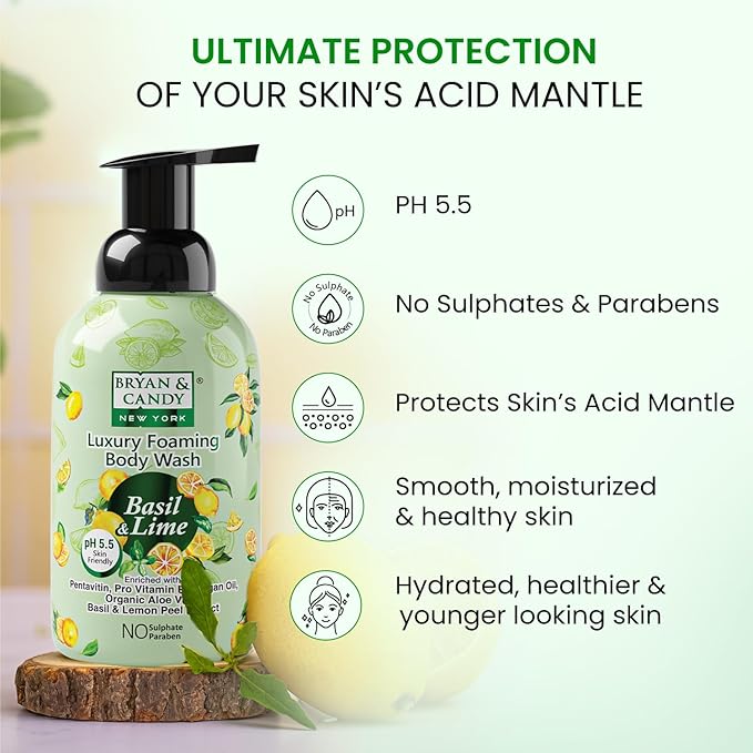 BRYAN &amp CANDY Basil &amp Lime Luxury Foaming Body Wash With PentavitinPro Vit B5Argan OilAloe Vera Basil &amp Lemon Peel Extract Skin Friendly Ph 5.5 All Skin Types 400 Ml 400 Ml (Pack Of