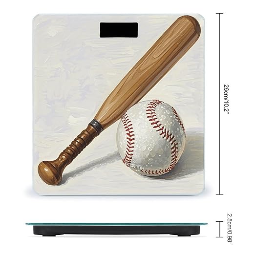 Hand Drawn Baseball Bats and Ball Scale for Body Weight Digital Bathroom Scale Toughened Glass High Precision Scales for Body Weight with Large LCD Backlight Display Weight Scales