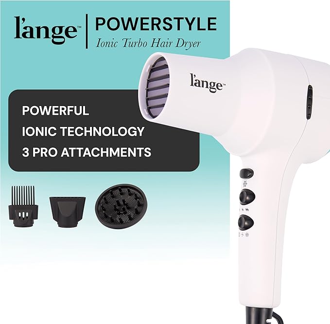 L'ANGE HAIR PowerStyle Turbo Ionic Hair Dryer | 1875 Watt Professional Blow Dryer with Diffuser &amp Concentrator | Multiple Heat &amp Speed Settings for Fast Drying | Salon-Grade Styling Tools Whi