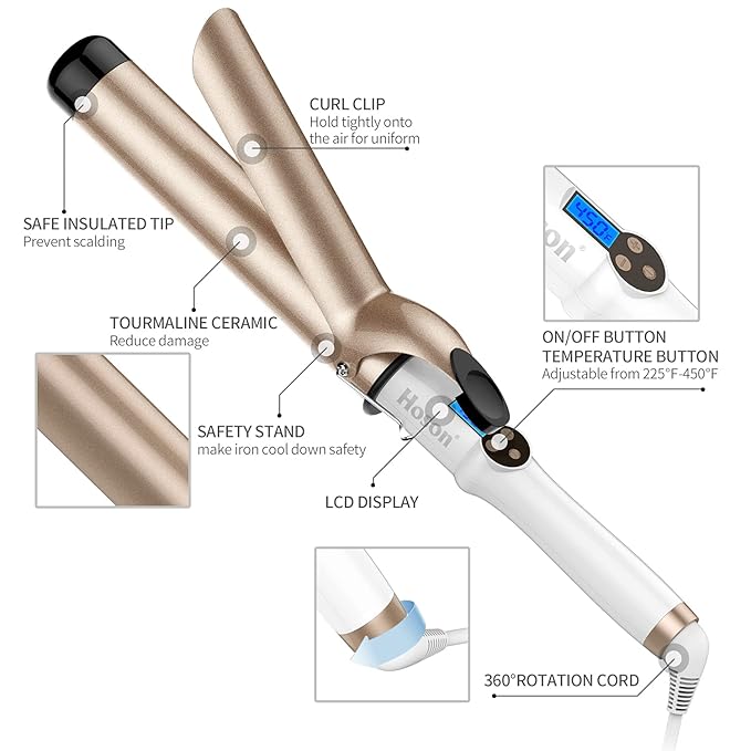 Hoson 1 1/2 Inch Curling Iron Large Barrel 1.5 Inch Long Barrel Curling Wand Dual Voltage Ceramic Tourmaline Coating with LCD Display Glove Include