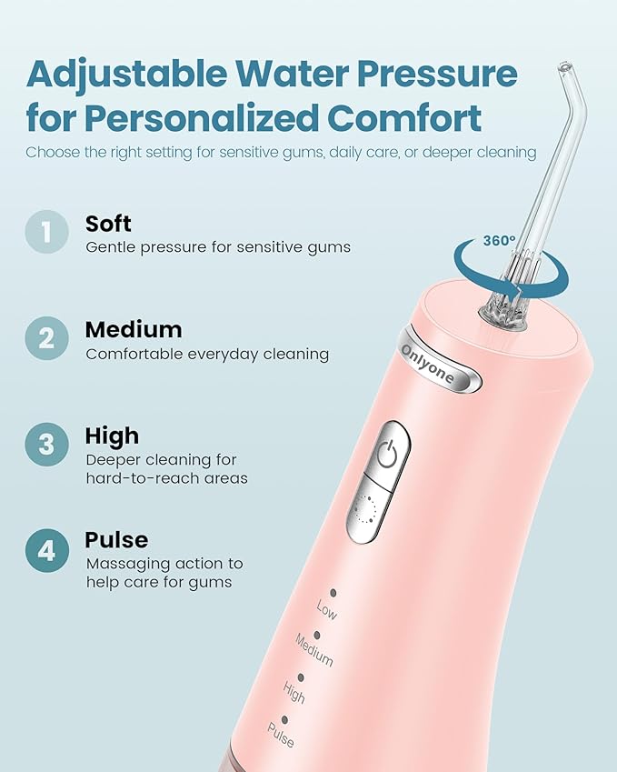 Onlyone Water Dental Flosser Pick for Teeth 300ML Portable Oral Irrigator Rechargeable Travel Irrigation Cleaner Professional Electric Flossing Machine Birthday Gifts for WomenMomGirlfriend Pink