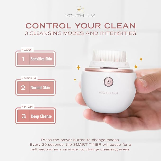 YouthLab Pure Radiance Vibrating Facial Cleansing Brush Electric 3 Modes 3 Brush Heads (2 Bristle1 Silicone) Waterproof Rechargeable Smart Timer Exfoliating Massage (Rose Gold)
