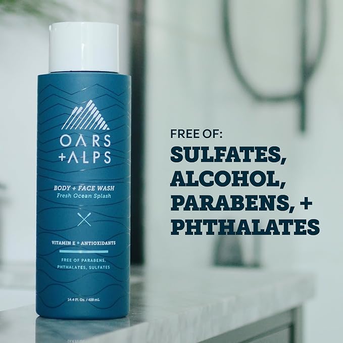 Oars + Alps Men's Moisturizing Face &amp Body Wash Body Wash with Vitamin E and Antioxidants Sulfate Free Fresh Ocean Splash 3pk