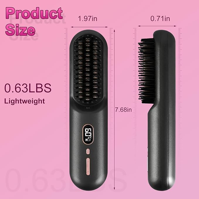 Cordless Hair Straightener Brush Mini Portable Rechargeable Straightening Brush Negative Ionic Hot Comb Straightener with 12 Temp Settings Auto-Off Led Display for Women (Black)