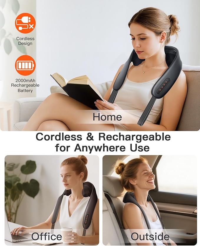 Neck and Shoulder Massager with Heat : Cordless Kneading Neck Massager for Pain Relief Deep Tissue - 3 Modes 2 Intensity &amp 2 Heat Settings Hands-Free Daily Comfort for Office and Home Use