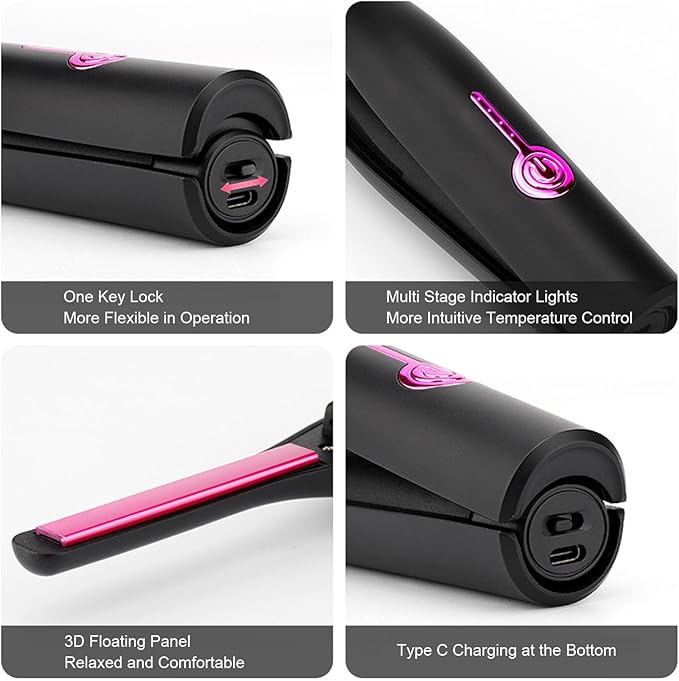 Semme Pencil Flat Iron PTC Fast Heating Cordless Hair Straightener Curler with Ultra Thin Plates for Short Hair Bangs Pixie Cuts (Black)