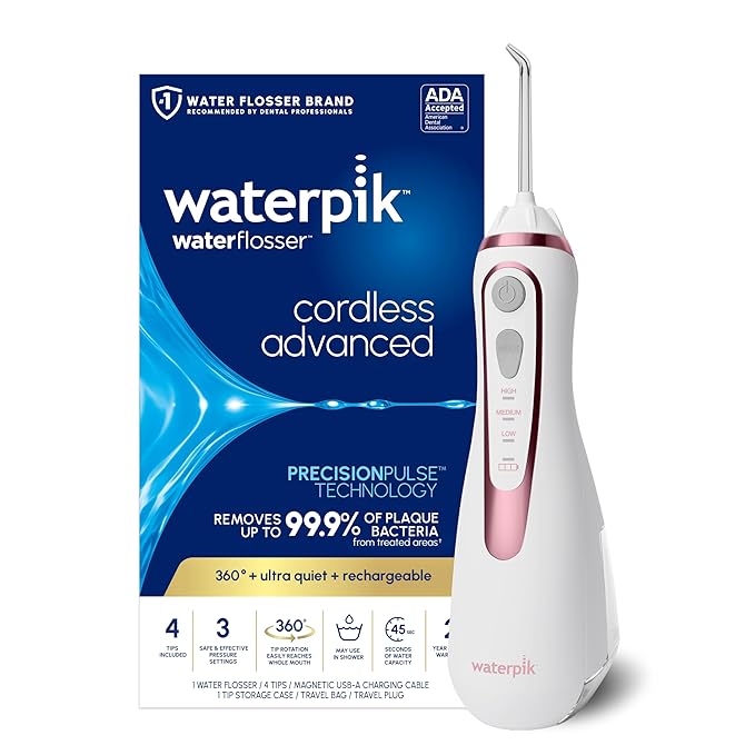 Waterpik Cordless Advanced 2.0 Water Flosser For Teeth Gums Braces Dental Care With Travel Bag and 4 Tips ADA Accepted Rechargeable Portable and Waterproof Rose Gold WP-589 Packaging May Vary