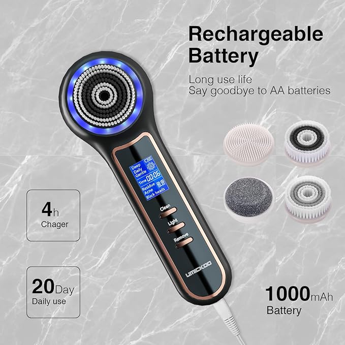 Electric Facial Cleansing Brush with LCD Screen 3-in-1 Face Scrubber &amp Optional Blackhead Remover Rechargeable IPX7 Waterproof Gentle Daily &amp Deep Cleaning for All Skin Types