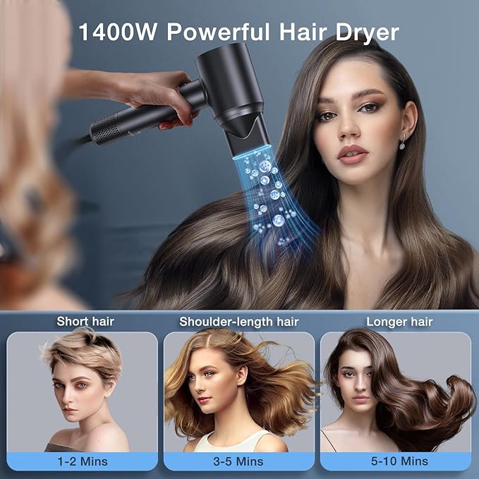 Hair Dryer 1400W Professional High Speed Hairdryer 500 Million Negative Ionic Hair Dryer 3 Speeds and 5 Temps Fast Drying Anti Frizz Low Noise Thermo-Control Hairdryers for Women-Black