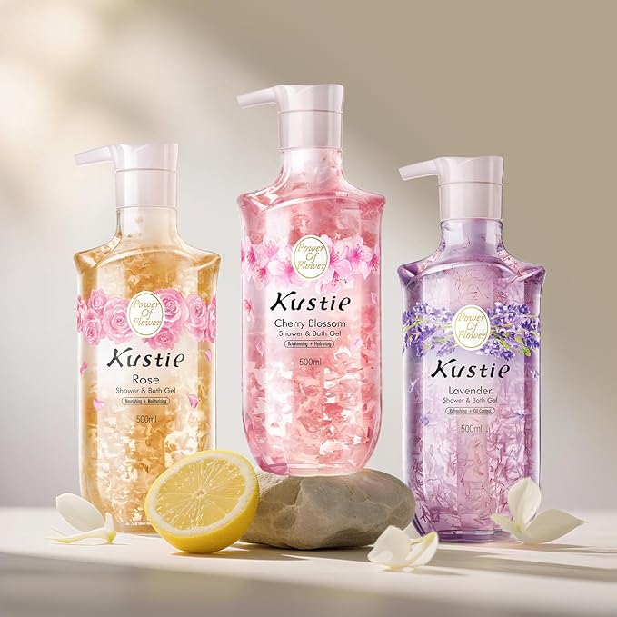 Kustie Rose Body Wash with Real Flower Petals – Moisturizing Shower Gel with Rose Water Rose Oil &amp Hyaluronic Acid Hydrating Floral Cleanser for Dry &amp Mature Skin 16.9 fl oz