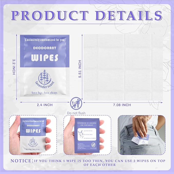 Timgle 200 Count Deodorant Wipes Bulk Individually Wrapped Travel Size Wipes for Men Women Body Underarm Deodorant Remove Sweat Sports Travel Clean Skin Daily Use Female Male(Purple)