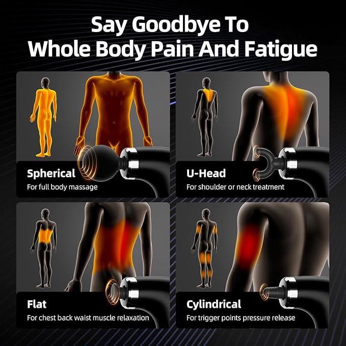 Massage Gun with Upgraded Extension HandleBack Massage Gun Deep TissueBack Massager for Pain Relief for Muscles Neck Shoulders Waist Arm Legs Foot4 Replaceable Heads &amp 9 Speeds (Black)