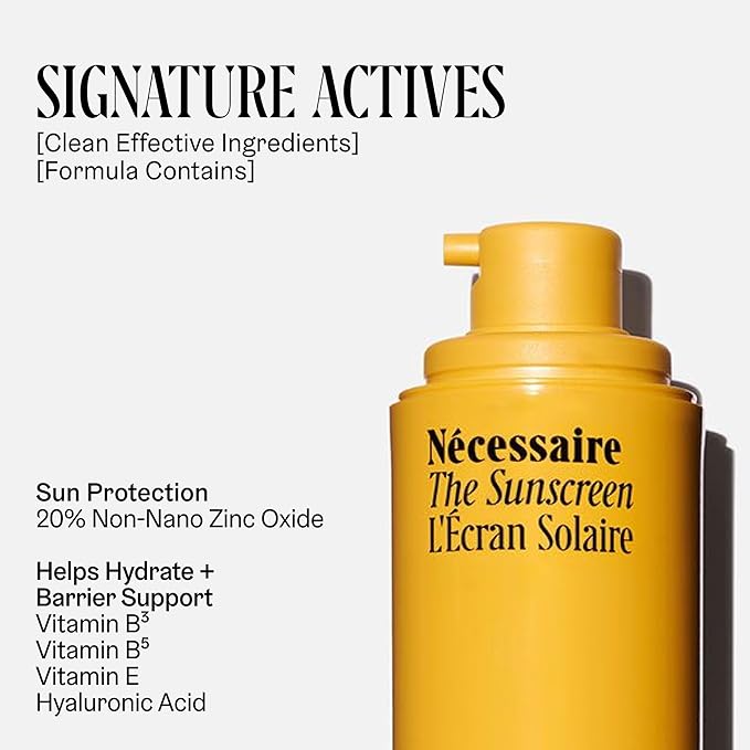 Nécessaire The Mineral Sunscreen SPF 30 PA+++. For The Body. Broad Spectrum. Zinc Oxide Hyaluronic Acid Niacinamide. Hydrate. Protect Against Sun Damage + Premature Aging. Dermatologist-Tested 5.1oz