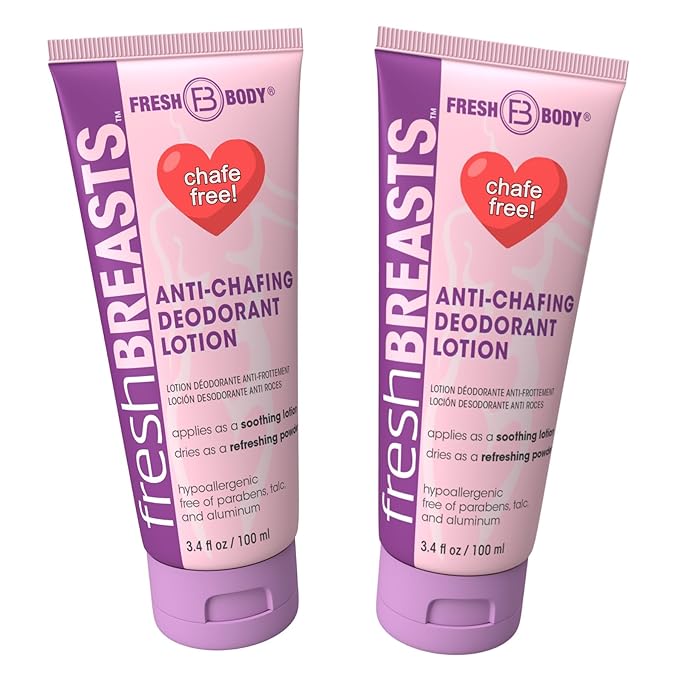 Fresh BREASTS Anti Chafing Deodorant Lotion to Powder 3.4oz (2 Pack) - Anti Chafe Cream Whole Body Deodorant for Women Inner Thighs &amp Areas that Sweat No Talc Aluminum or Added Fragrance