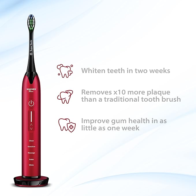 Wagner Stern Ultrasonic whitening Toothbrush with Pressure Sensor. 5 Brushing Modes and 4 Levels of Intensity 8 Soft bristles Travel case.