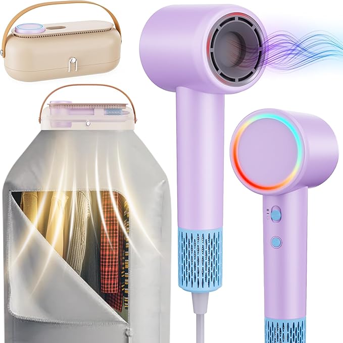Hair Dryer&ampPortable Clothes Dryer180000 RPM Professional High-Speed Blow&amp800 Millions Negative Ionic Care for Fast Drying Low Noise for Travel&ampHome Use for Lightweight T-ShirtsGarments