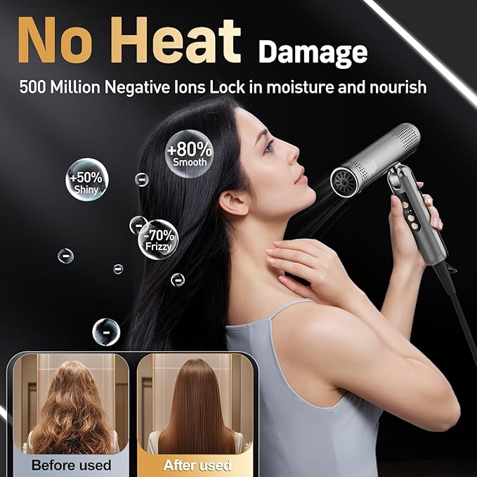 Quico Travel Hair Dryer Dual Voltage 120000 RPM Fast Drying BLDC Pocket Hair Dryers for Women with Concentrator 500M Negative Ions Foldable Blow Dryer with Cold 3 Heat&amp3 Speed Settings