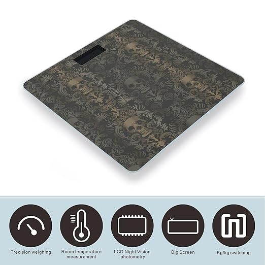 Gothic Wallpaper Skull Bathroom Scale Automatic Power On/Off Body Scales LCD Backlight Display Square Digital Scale Rounded Corners Bathroom Scales for Home Bedrooms
