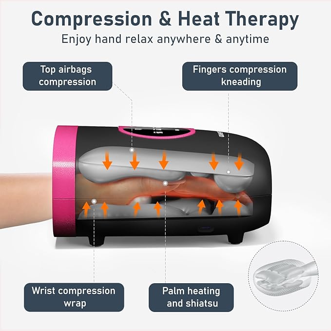 QUINEAR Hand Massager - Cordless Hand Massager with Heat and Compression for Arthritis Carpal Tunnel and Stiff Joints - Gifts for Women Men- FSA-HSA(Pink)