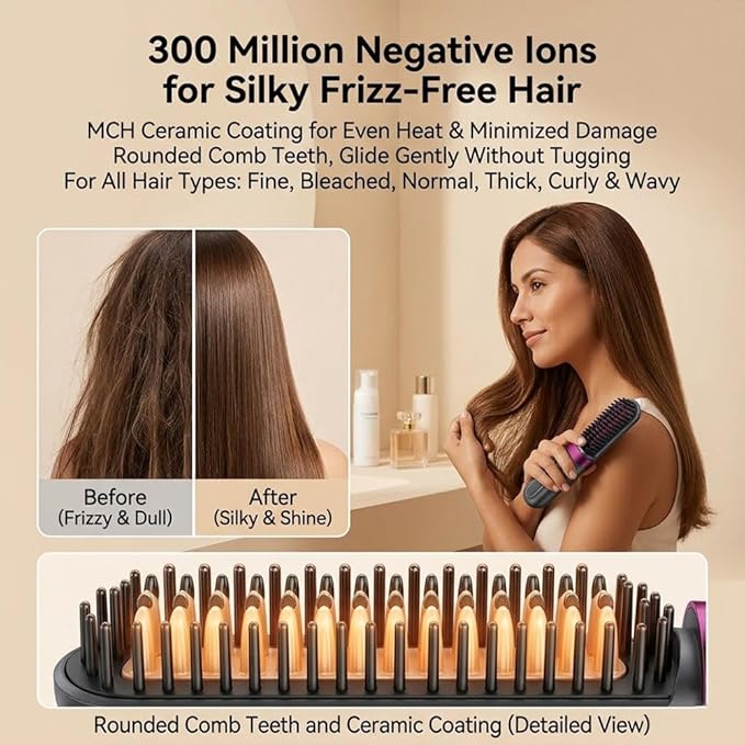 Cordless Hair Straightener Brush Portable Mini Ionic Straightening Comb with LCD Display &amp 3 Temp Settings USB Rechargeable Travel Hair Straightener for Women Anti-Scald &amp Fast Heating (2 D