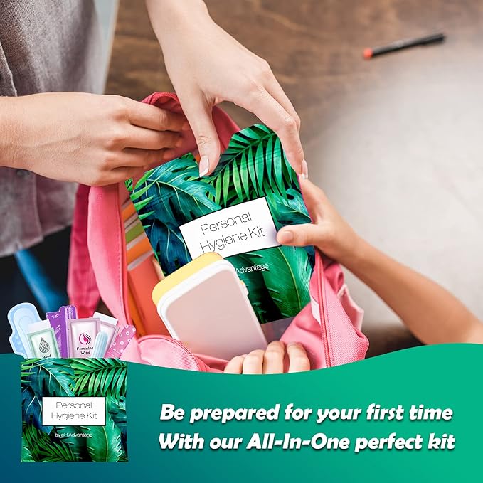 Menstrual Kit All-in-One 10 Pack | Convenience on The Go | Period Kit Pack for Travelling Tweens &amp Teenager | Individually Wrapped Feminine Hygiene Product (Green Ferns)