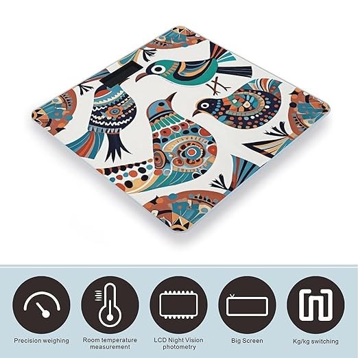 Ethnic Style Birds Weight Scale Large Digital Bathroom Scales with Bright LED Display Non Slip Digital Scale and Step On Fashion Weighing Machine for Body