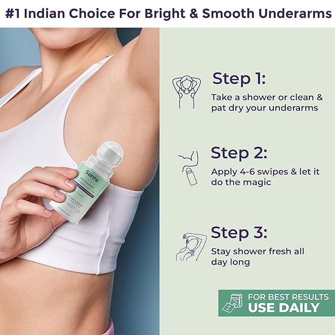 Underarm Lightening Roll On for Women | Treats Pigmentation Ingrown Hair &amp Odor | Glycoclear Tech with Glycolic Lactic &amp Salicylic Acid | 24H Freshness | For Indian Skin | 50ml