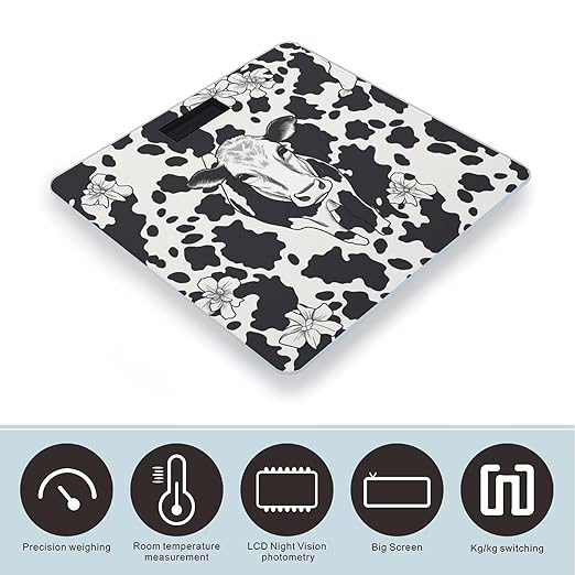 Black and White Cowm Scale for Body Weight Anti-Slip Sturdy Tempered Glass Weighing Machine Highly Digital Accurate Bright LCD Bathroom Scale for Household Gift