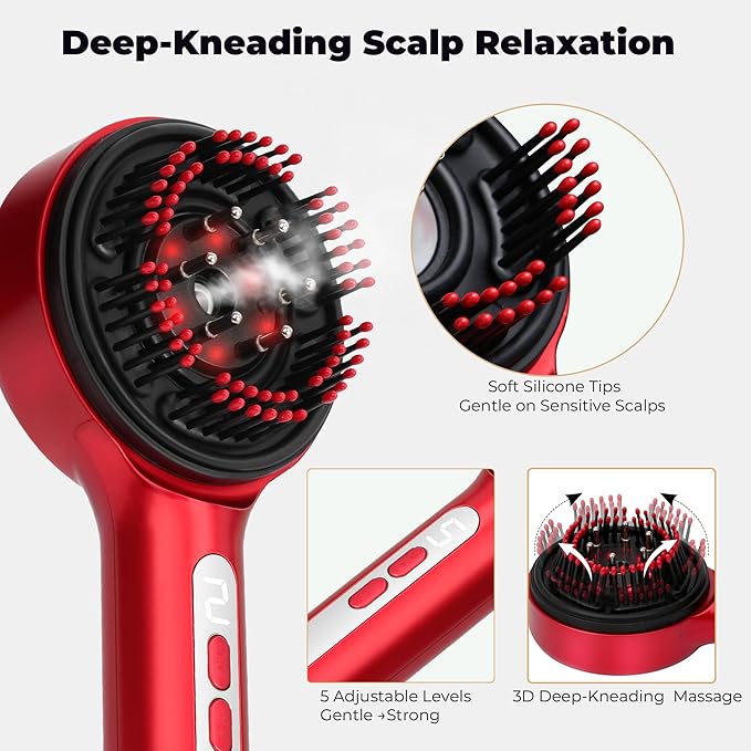 Electric Scalp Massager 5 in 1 Refillable Oil Reservoir and Mist 3 Step At Home Scalp Spa Device 3D Deep Kneading Massage USB C Rechargeable Portable for Home and Travel