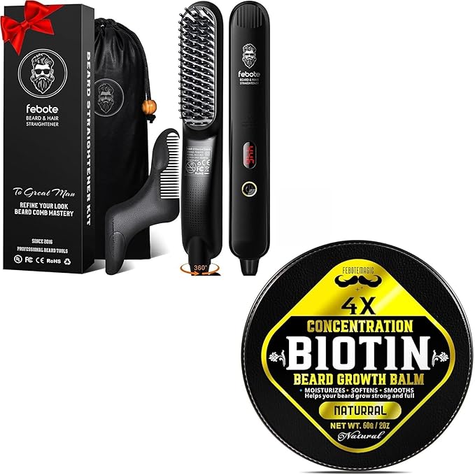 Gifts for Men – Beard Straightener Brush with 5 Heat Settings &amp 2 oz Unscented Biotin Beard Balm – Beard Grooming Kit for Styling Softening &amp Growth