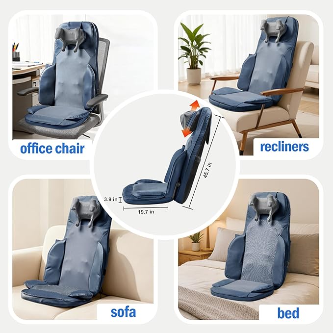 Shiatsu Massage Cushion for Neck and Back with Heat - 4D Kneading Vibration for Relief Muscle Tension Dual-Neck Design Adjustable Intensity and Height for Office Chair Home Use Navy Blue