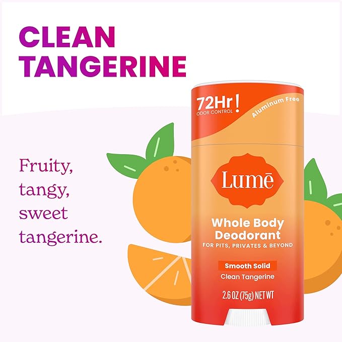 Lume Whole Body Deodorant - Smooth Solid Stick - 72 Hour Odor Control - Aluminum Free Baking Soda Free and Skin Safe - 2.6 Ounce (Pack of 3) (Clean Tangerine Lavender Sage Unscented)