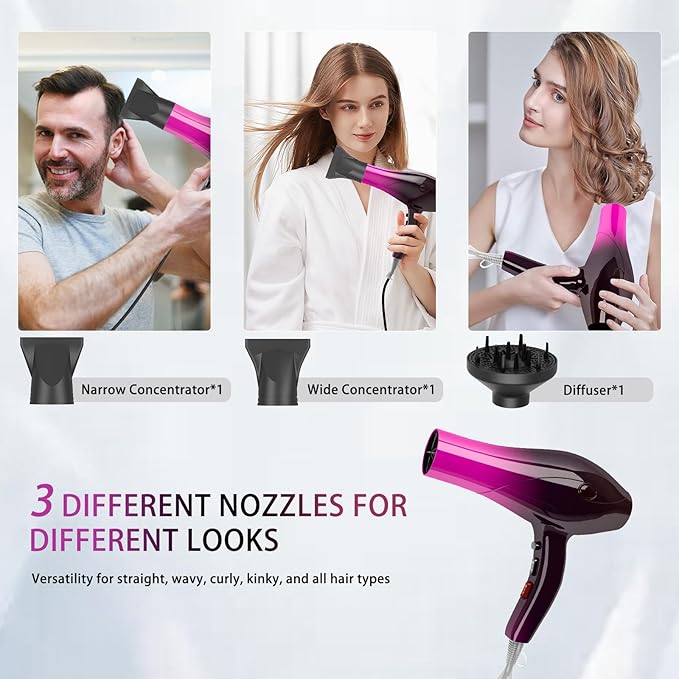 Ionic Hair Dryer2400W Negative Ion Low Noise Hair Dryer Professional Fast Drying Hair Dryers with 2 Speeds 3 Heat Settings Cooling Buttonwith Diffuser for Curly and Straight Hair（Crimson Fade）