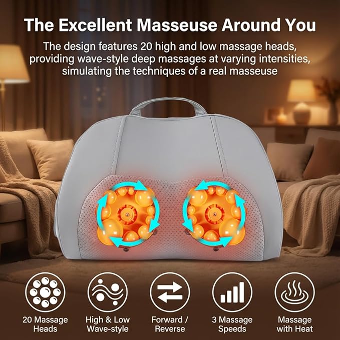 MLVOC Neck Massager and Back Massager with Heat 20 Nodes 3D Kneading 3-Speed &amp 2-Temperature Ergonomic Portable Body Massager for Neck Back Waist Shoulder Leg