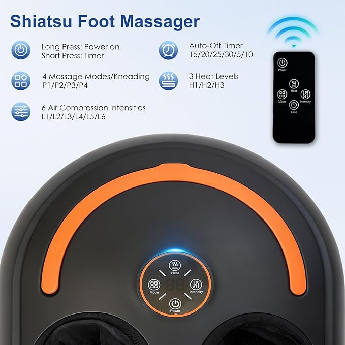 Shiatsu Foot Massager Electric Feet Massage Machine Deep Kneading Relief for Plantar Fasciitis Air Compression 3 Heat Levels Relax for Home Office Use Gifts for Women Mom Dad Black Mothers Day Gifts