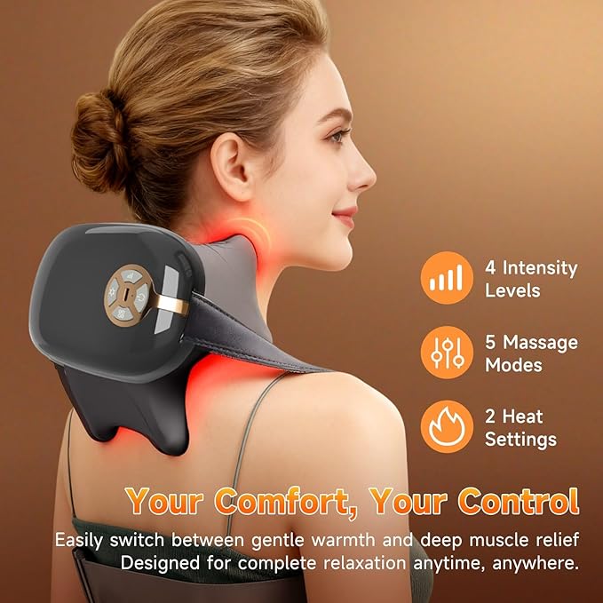 Neck Massager with Heat – Portable Shiatsu Neck &amp Shoulder MassagerDeep Tissue Electric MassageAdjustable Heat SettingsMuscle Relaxation for NeckShouldersBackPerfect for HomeOfficeand Trav
