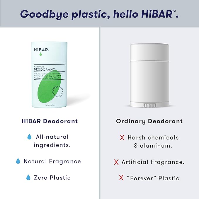 HiBAR - Fresh Rain &amp Cucumber Plastic Free Deodorant - Natural Deodorant - All-Day Protection - With Sunflower Seed Wax Rice Bran &amp Shea Butter - Plastic Paraben &amp Aluminum-Free - Vegan
