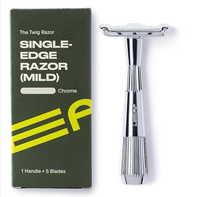 Leaf Twig Razor by Leaf Shave All-Metal Single Blade Razor for Men &amp Women Fixed Head w/Magnetic Load Assist Includes 5 Stainless Steel Blades - Face Shaving Lighter Hair Sensitive Skin - Chr