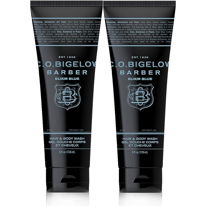 C.O. Bigelow Elixir Blue Hair &amp Body Wash for Men Pack of 2 Men's Watery Marine Moisturizing 2 in 1 Shampoo &amp Body Wash 8 Fl Oz