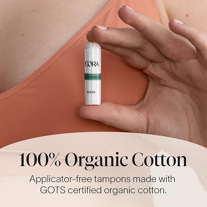 Cora Organic Feminine Care | Non-Applicator Ultra-Absorbent S/S+ Tampons &amp Organic Cotton Maxi Pads | Eco-Conscious Overnight Absorbency | 72 Tampons &amp 48 Pads