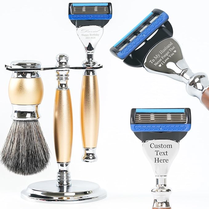 FREED Customized gifts Engraving Luxury Men's 5-Blade Razor set Aluminum Alloy Material incloud 4 Bladesrazor standrazor brushIt's the best gift for men (Gold)