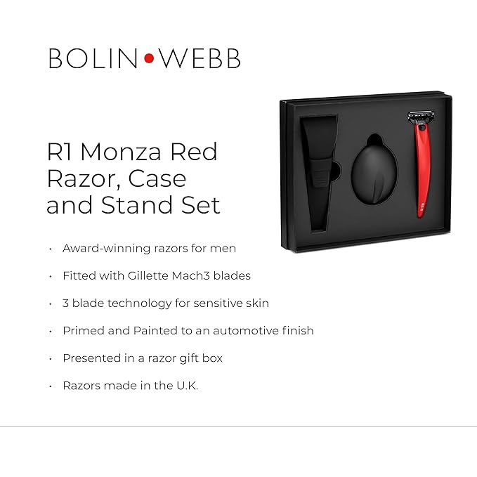 Bolin Webb Handle in Monza Red with Razor Stand and Waterproof Travel Case. Fitted with Gillette Mach3 Blade Cartridge Technology. Award Winning Razors for Men - Made in England. (Red)