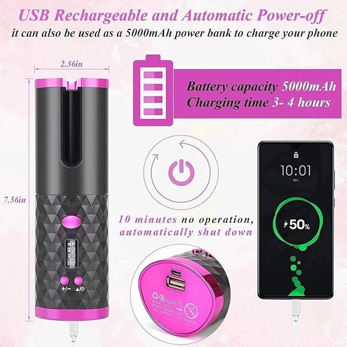 Portable Automatic Hair Curler Ceramic Rotating Wireless Auto Curling Iron Wand Emlimny Portable USB Rechargeable Spin Curler for Hair Styling (Black)