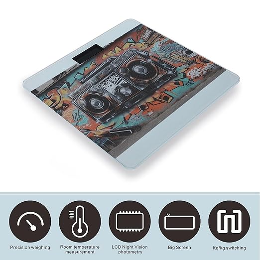 Graffiti Hip Hop Digital Scale for Body Weight Highly Accurate Digital Bathroom Scale Sturdy Tempered Glass Weighing Scales with LCD Display Fashion Body Fat Smart Scales 400lb
