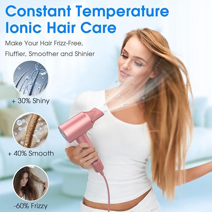 Hair Dryer 1500W High Speed 110000 RPM Blow Dryer with Plasma Tech (Positive+Negative Ionic) LCD Display 5 Modes Thermo-Control Low Noise Fast Drying Hair Dryer for Home or Travel (Rose Gold)