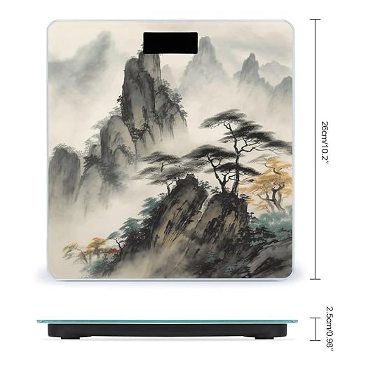 Chinese Landscape Painting Scale for Body Weight Safe Rounded Corners Tempered Glass Digital Bathroom Scale LED Display 400lb Capacity Weight Scales with High Precision Sensors
