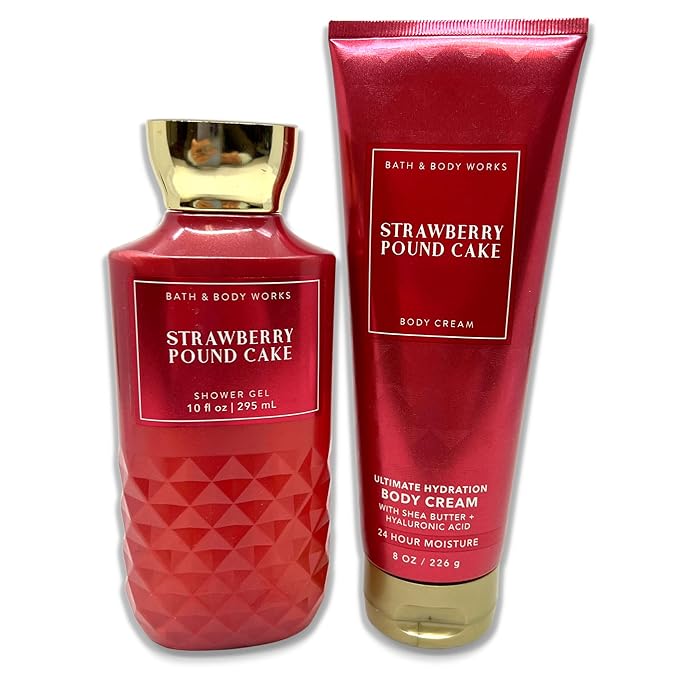 Bath &amp Body Works - Strawberry Pound Cake - 2 Piece bundle - Shower Gel 10 fl oz and Ultimate Hydration Body Cream 8 oz