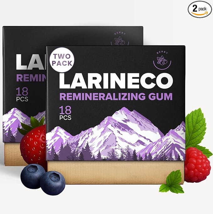 Larineco Remineralizing Gum with Nano Hydroxyapatite &amp Xylitol – Sugar-Free Xylitol Gum – Plastic-Free Dye-Free Aspartame-Free – Natural Base – 36 Pieces (18 Count (Pack of 2) Berry)