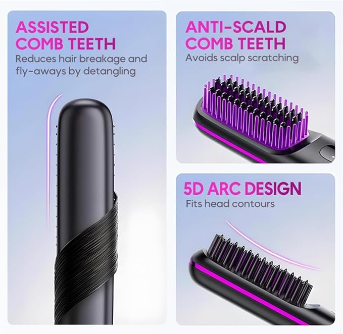 2026 Upgraded Go Brush Pro - Cordless Travel Hair Straightener Brush with Fast Heating &amp LCD Display Portable Mini Straightener for On-The-Go Styling(Black)